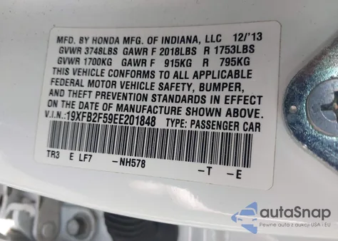 2014 Honda Civic Lx z USA, uszkodzony, nr VIN 19XFB2F59EE201848